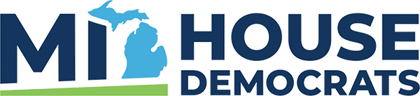 Logo of the Michigan House Democrats, featuring the state of Michigan in blue on the left side with the text 'MI HOUSE DEMOCRATS' displayed in blue and green. The design emphasizes the political organization's identity.