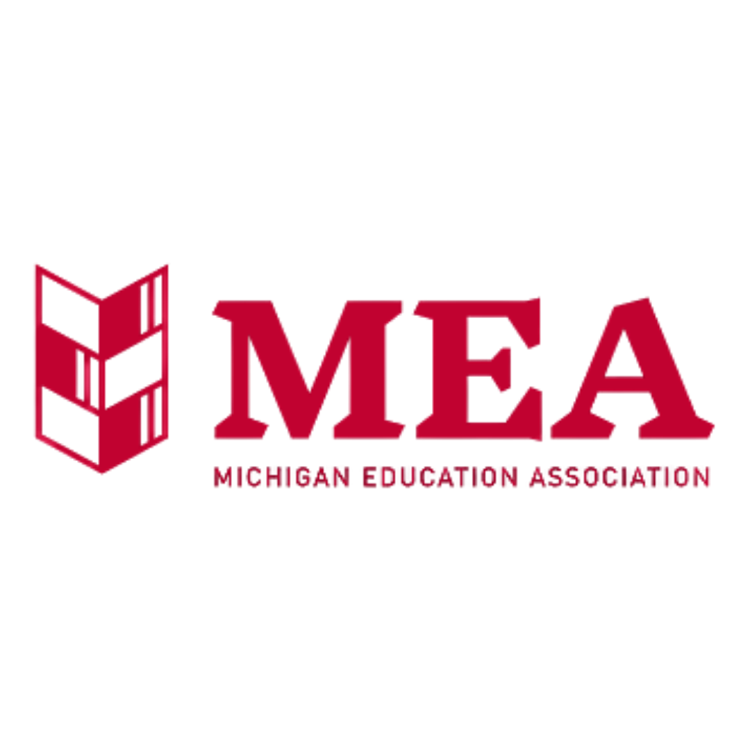 Logo of the Michigan Education Association (MEA) featuring the acronym 'MEA' in bold red letters. Above the acronym, there is a graphic element resembling stacked blocks in a similar red color. The design is simple and modern.