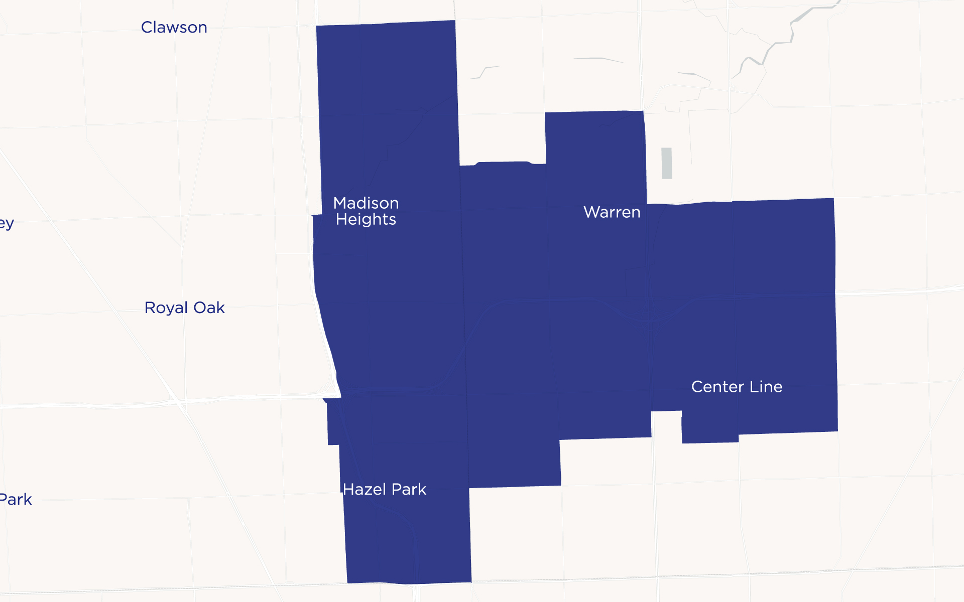 A map showing Michigan State House District 14 highlighted in dark blue. The district includes the communities of Madison Heights, Warren, Center Line, and Hazel Park, with surrounding areas labeled in light colors.