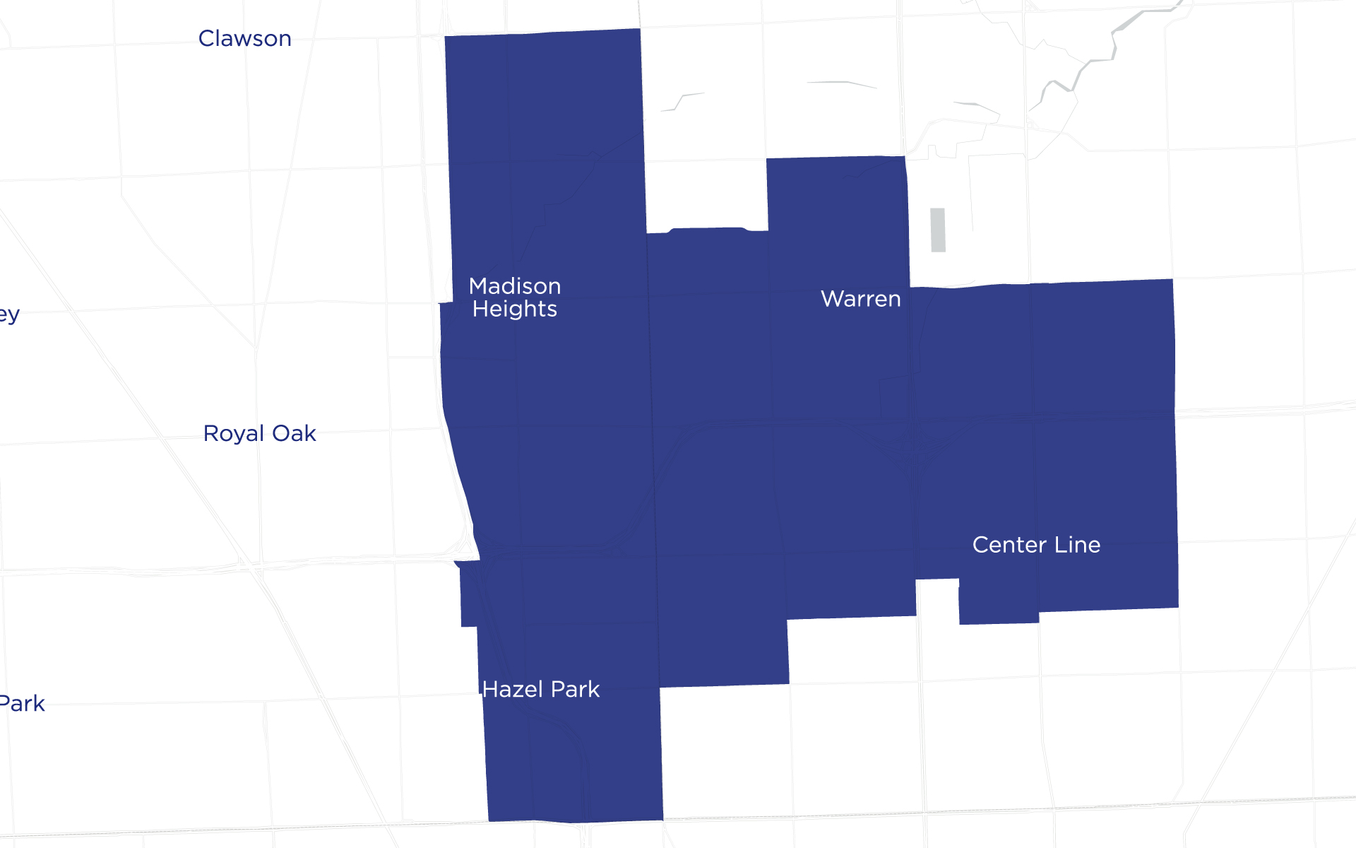 A map showing Michigan State House District 14 highlighted in dark blue. The district includes the communities of Madison Heights, Warren, Center Line, and Hazel Park, with surrounding areas labeled in light colors.