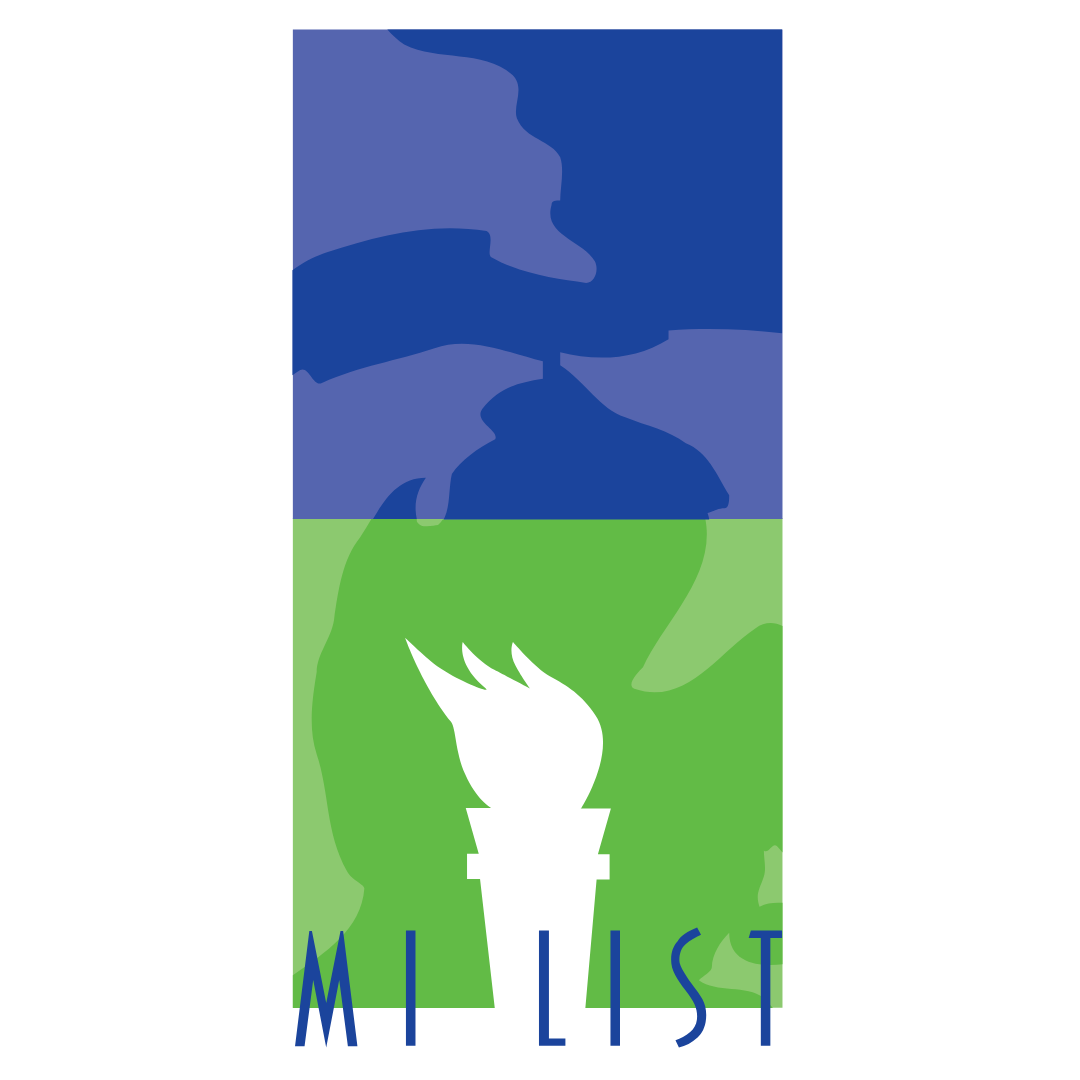 A stylized logo divided into two sections: the top half features blue abstract shapes, and the bottom half is green. A white torch symbol is positioned at the bottom center, with the text 'MI LIST' in blue underneath.