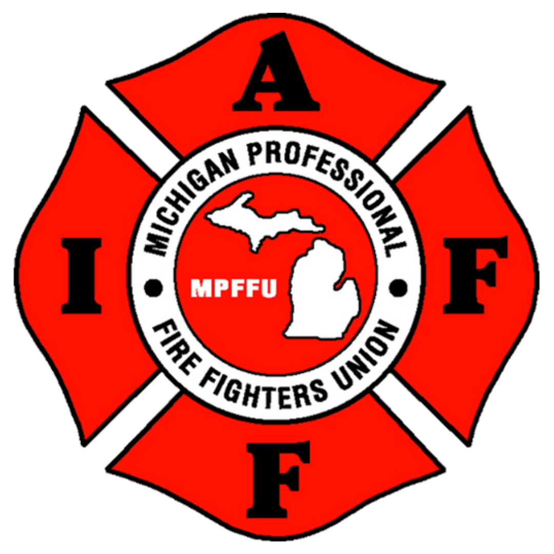 A red Maltese cross emblem displays the words "Michigan Professional Fire Fighters Union" and "MPFFU" in bold lettering. The center features the outline of the state of Michigan.