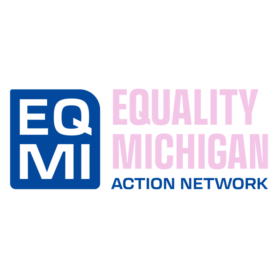 A logo featuring the initials "EQ MI" in blue and the text "EQUALITY MICHIGAN ACTION NETWORK" with "EQUALITY" in pink and "ACTION NETWORK" in blue, all set against a white background.